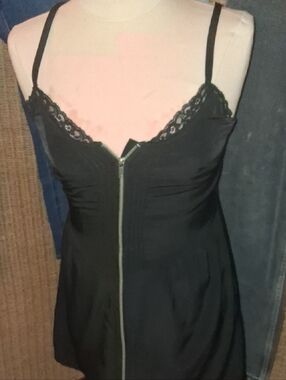 Black Lace-Trim Zip Front Slip Dress